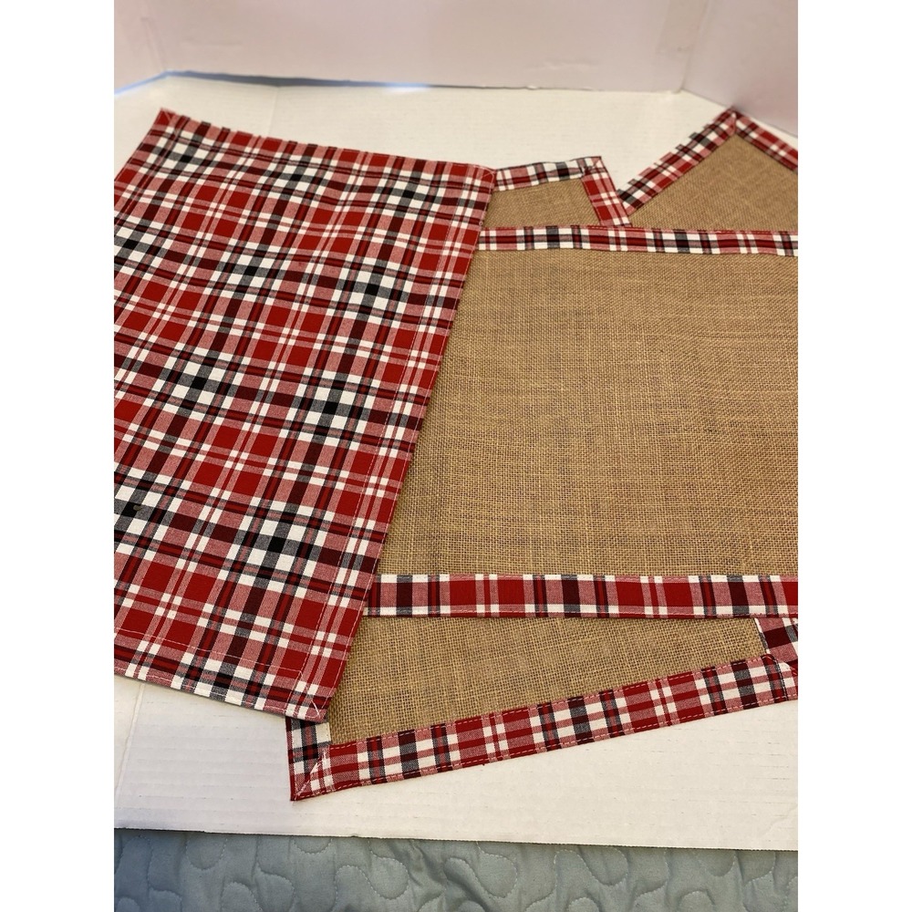 Reversible Red, Black‎ & White Plaid/Jute Placemats Set of  4